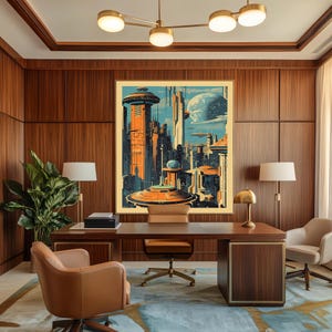 K&ouml;nnte beinhalten: Ein Plakat im Retro-Stil, das eine futuristische Stadtlandschaft mit hohen Geb&auml;uden, fliegenden Fahrzeugen und einem gro&szlig;en Planeten im Hintergrund zeigt. Das Plakat ist gerahmt und h&auml;ngt an einer Wand in einem modernen B&uuml;ro.