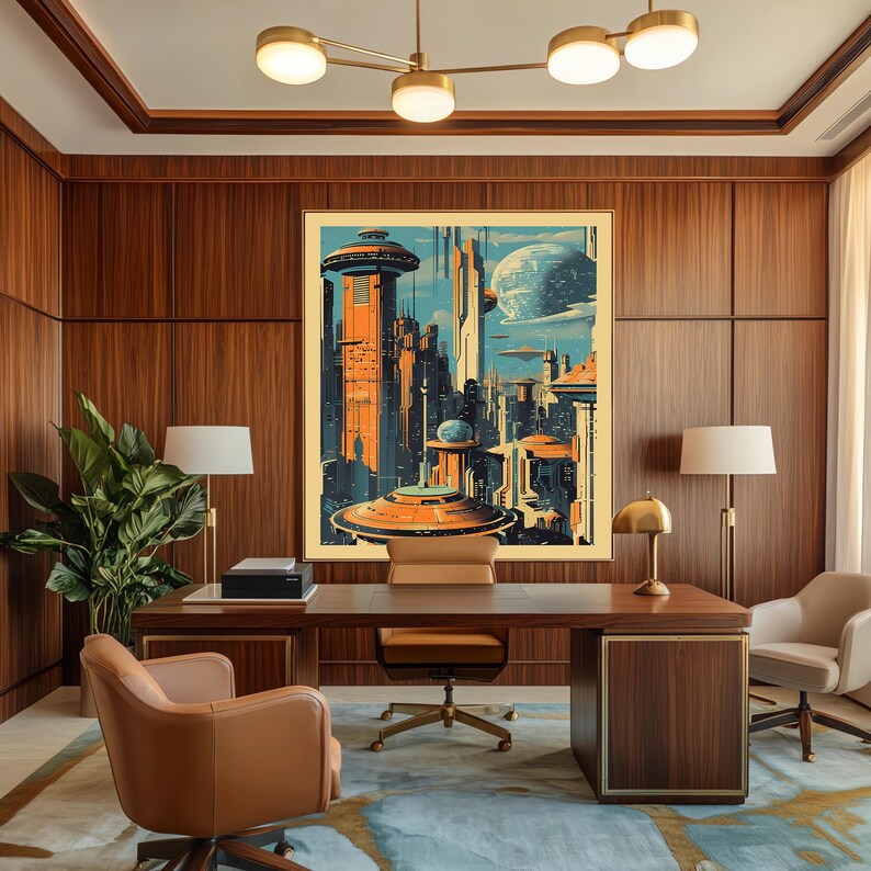 K&ouml;nnte beinhalten: Ein Plakat im Retro-Stil, das eine futuristische Stadtlandschaft mit hohen Geb&auml;uden, fliegenden Fahrzeugen und einem gro&szlig;en Planeten im Hintergrund zeigt. Das Plakat ist gerahmt und h&auml;ngt an einer Wand in einem modernen B&uuml;ro.