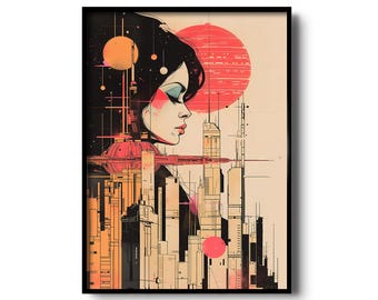 Impresión artística retrofuturista inspirada en Blade Runner: paisaje urbano minimalista de ciencia ficción con aires distópicos, ideal para amantes del cyberpunk.