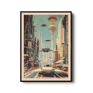 Retro Futuristic Cityscape Art Print, Vintage Sci-Fi Urban Scene with Flying Cars and Futuristic Skyline, Mid-Century Style Poster Futurism