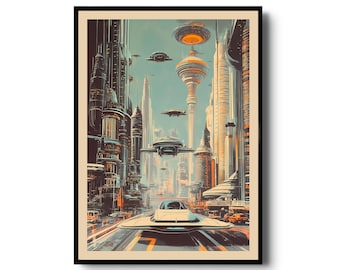 Retro Futuristic Cityscape Art Print, Vintage Sci-Fi Urban Scene with Flying Cars and Futuristic Skyline, Mid-Century Style Poster Futurism