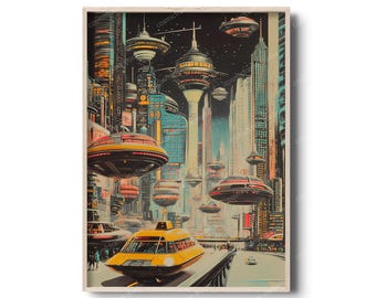 Vintage Retro Futurismus Stadtbild - Sci-Fi Urban Szene mit schwebenden Autos & fliegenden Bussen, Wandkunst im Mid-Century Style, futuristische Stadt