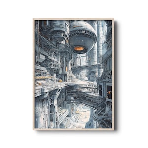 Futuristic Sci-Fi Cityscape Wall Art – High Tech Urban Poster, Retro Futurism Art Print, Industrial Sci-Fi Home Decor, Modern Space Design
