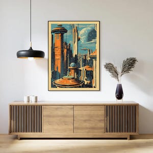 K&ouml;nnte beinhalten: Ein Plakat im Retro-Stil mit einer futuristischen Stadtlandschaft mit hohen Geb&auml;uden, fliegenden Fahrzeugen und einem gro&szlig;en, blauen Planeten im Hintergrund. Das Plakat hat eine Vintage-Farbpalette mit Orange-, Blau- und Gelbt&ouml;nen.