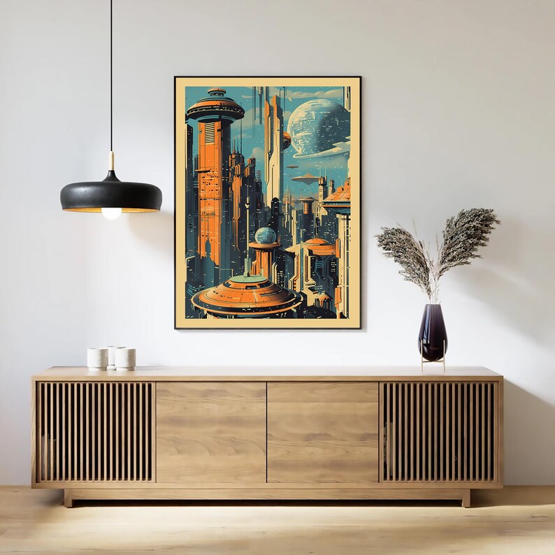 K&ouml;nnte beinhalten: Ein Plakat im Retro-Stil mit einer futuristischen Stadtlandschaft mit hohen Geb&auml;uden, fliegenden Fahrzeugen und einem gro&szlig;en, blauen Planeten im Hintergrund. Das Plakat hat eine Vintage-Farbpalette mit Orange-, Blau- und Gelbt&ouml;nen.