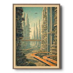 Puede incluir: Impresión artística enmarcada que representa una ciudad futurista con estructuras imponentes y carreteras elevadas. La obra de arte presenta una paleta de colores apagados beige, verde azulado y naranja, con una estética vintage. Un pequeño avión vuela en el cielo.