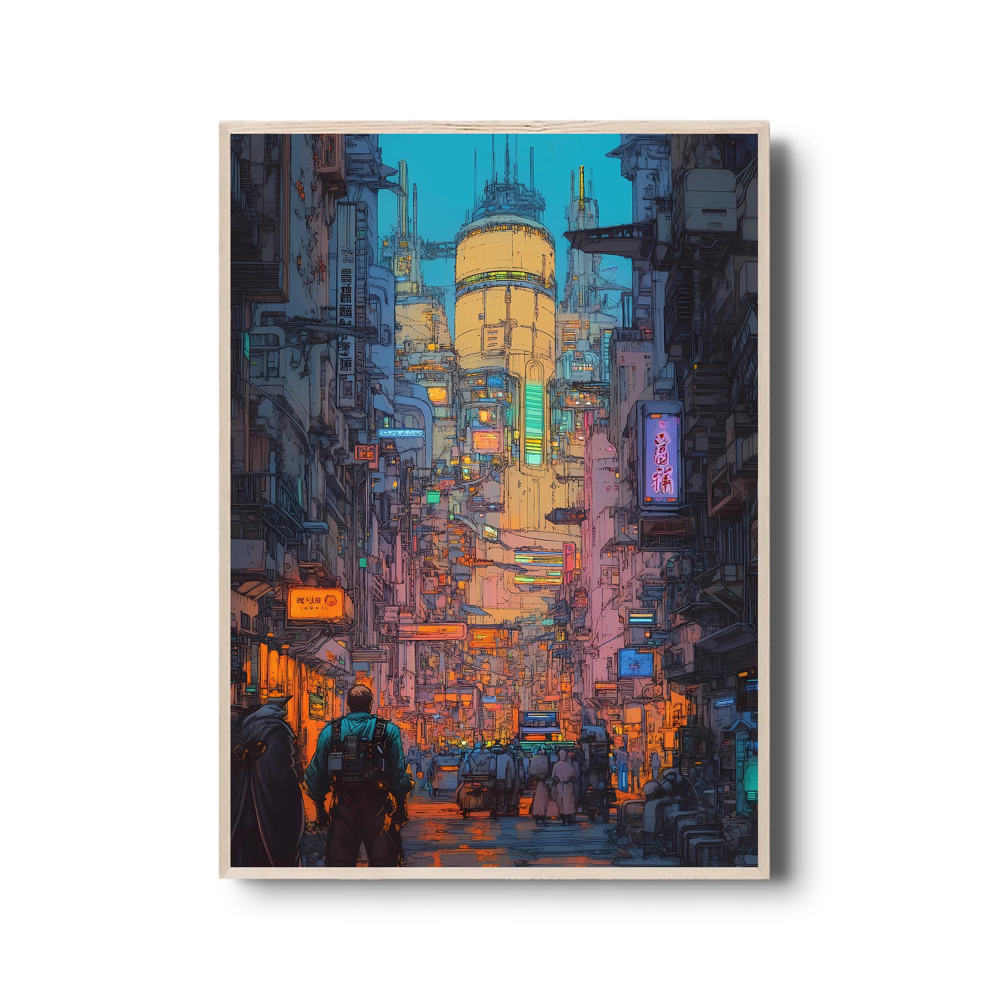 Cyberpunk Street Scene Wall Art - Futuristic Neon Urban Illustration, Sci-Fi Digital Artwork | Vibrant Dystopian Skyline Print, Neo-Futurism