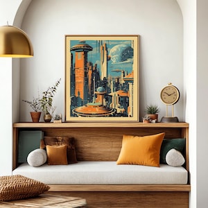K&ouml;nnte beinhalten: Ein Plakat im Retro-Stil mit einer futuristischen Stadtlandschaft mit hohen Geb&auml;uden, fliegenden Fahrzeugen und einem gro&szlig;en Planeten im Hintergrund. Das Plakat hat eine Vintage-Farbpalette mit Blaut&ouml;nen, Orange und Gelb.