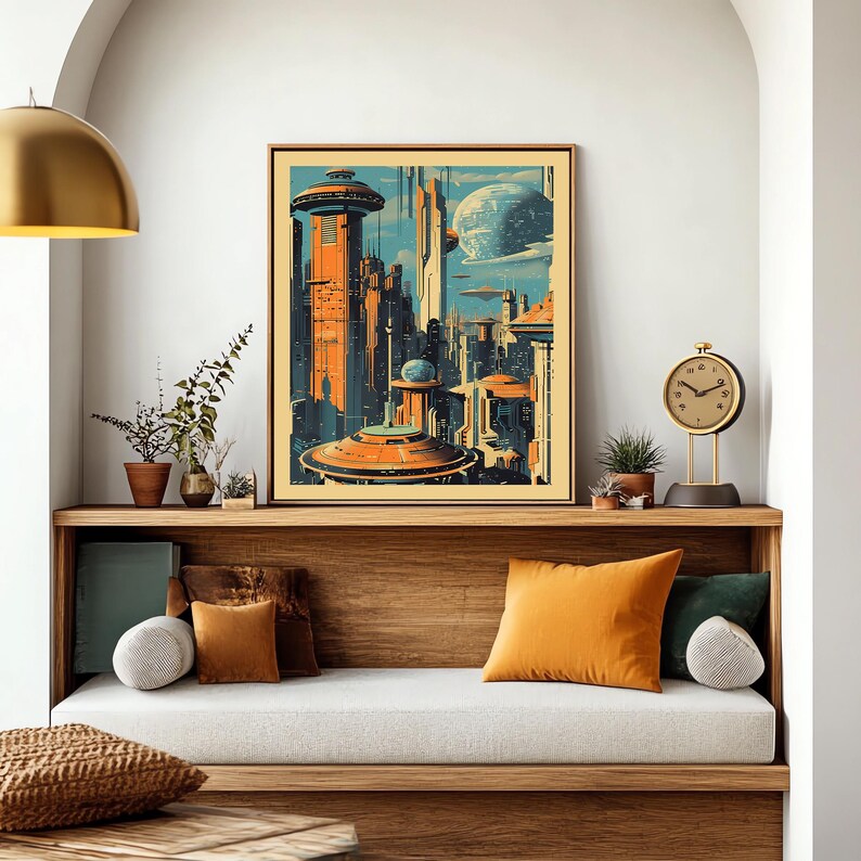 K&ouml;nnte beinhalten: Ein Plakat im Retro-Stil mit einer futuristischen Stadtlandschaft mit hohen Geb&auml;uden, fliegenden Fahrzeugen und einem gro&szlig;en Planeten im Hintergrund. Das Plakat hat eine Vintage-Farbpalette mit Blaut&ouml;nen, Orange und Gelb.