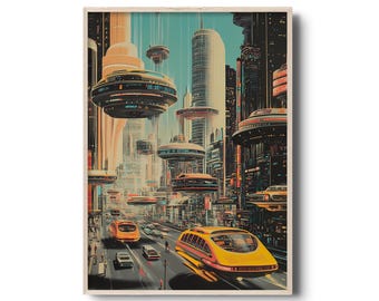 Vintage Retro Futuristic Cityscape Print - Mid-Century Sci-Fi Art, Floating Cars, Neon Skyline - Unique Urban Wall Art, Retro Artwork