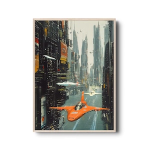 Cyberpunk Flying Vehicle Race in Futuristic Cityscape - Sci-Fi Art Print | Urban Sci-Fi Wall Decor, High-Tech Architecture