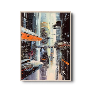 Abstract Futuristic Cityscape Art Print – Sci-Fi Urban Skyline with Flying Cars, Cyberpunk Wall Decor | Minimalist illustration | Neon City