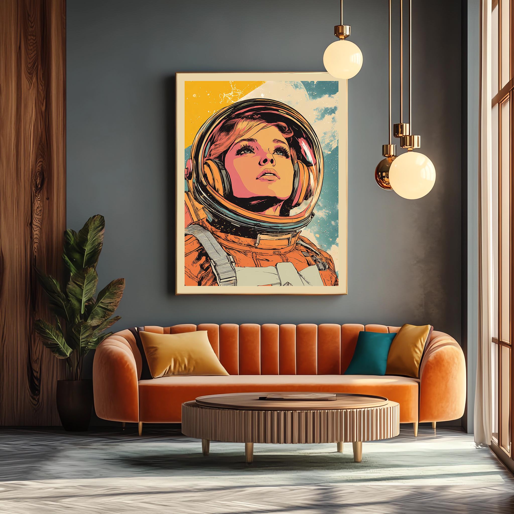 Retro Astronaut Girl Art Print - Vibrant Space Age-inspired Wall Decor ...