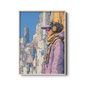 Cyberpunk Wall Art - Futuristic Urban Cyborg Explorer Illustration, Sci-Fi Cityscape Print | Urban Future City with Cybernetic Adventurer