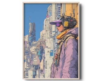 May include: A digital illustration of a person wearing a purple and white hat, goggles, and a purple jacket standing in a futuristic city.