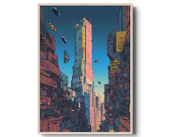 Cyberpunk Futuristic Cityscape – Sci-Fi Urban Skyline Art Print with Flying Cars, Neon Lights, and Dystopian Megastructures Wall Decor