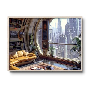 May include: A futuristic living room with a large window overlooking a city skyline. The room features a brown leather sofa, a coffee table, and a bookcase. The window is round and has a view of a city with tall buildings.