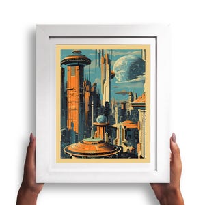 K&ouml;nnte beinhalten: Ein gerahmter Druck eines futuristischen Stadtbildes mit hohen Geb&auml;uden, einer gro&szlig;en Kugel und einem leuchtenden orange-blauen Farbschema.