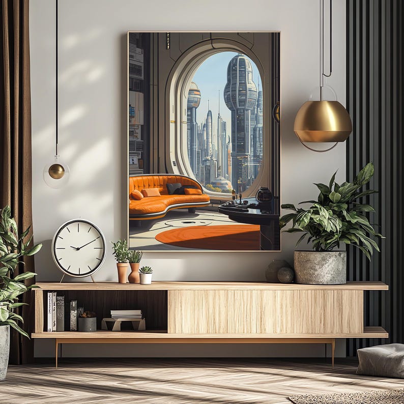 Pode incluir: Uma obra de arte emoldurada retrata um interior futurista com um sof&aacute; laranja curvo e uma vista da cidade atrav&eacute;s de uma grande janela arqueada. Um arm&aacute;rio de madeira com um rel&oacute;gio e plantas est&aacute; por baixo.