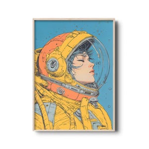 Stampa artistica da parete "Ragazza astronauta", illustrazione futuristica dello spazio, poster di fantascienza, arredamento moderno dello spazio, vivace opera d'arte di un'astronauta / Un ultimo respiro