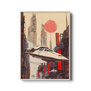 Futuristic Cityscape Artwork with Flying Spaceship, Sci-Fi Urban Illustration, Retro-Futurism Aesthetic, Utopian Digital Art Print