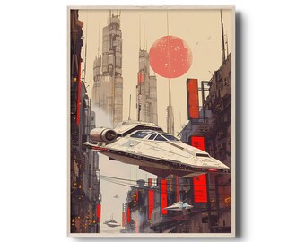 Futuristic Cityscape Artwork with Flying Spaceship, Sci-Fi Urban Illustration, Retro-Futurism Aesthetic, Utopian Digital Art Print
