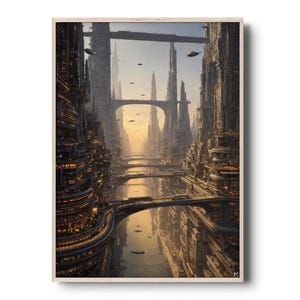 May include: A framed digital art print depicting a futuristic cityscape with towering structures, bridges, and flying vehicles. The artwork features warm, golden hues and intricate architectural details, creating a sense of a vibrant, advanced civilization.
