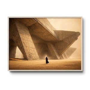 May include: A framed print featuring a monumental, geometric structure in shades of tan and brown, set against a hazy, desert-like backdrop. A solitary figure in a dark cloak stands in the foreground, adding a sense of scale and mystery to the scene.