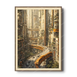 Puede incluir: Impresión artística enmarcada que representa una ciudad futurista con edificios altos y carreteras elevadas. La obra de arte utiliza tonos cálidos de naranja, beige y marrón, con una sensación de profundidad y detalle. Se ven coches y personas en las calles.