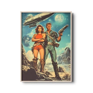 Retro Sci-Fi Art Print - Vintage Space Adventure Poster - Futuristic Rocket & Heroes Illustration - Classic Pulp Fiction Wall Decor