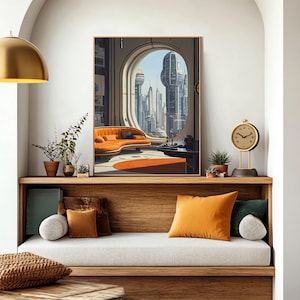 Pode incluir: Uma obra de arte emoldurada retrata uma cidade futurista vista atrav&eacute;s de uma janela arqueada. Um sof&aacute; laranja e um tapete circular est&atilde;o dentro da sala. Um rel&oacute;gio dourado e almofadas decorativas est&atilde;o em uma prateleira de madeira sob a obra de arte. Plantas em vasos adicionam um toque natural.