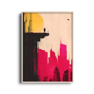 Impresión artística de ciencia ficción ciberpunk / Paisaje urbano futurista minimalista / Ambiente distópico / Rascacielos abstractos / Estética ciberpunk con luces de neón