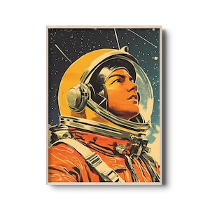 Stampa artistica da parete con astronauta vintage - Poster retrò di esplorazione spaziale fantascientifica, decorazione spaziale futuristica, arte moderna di metà secolo / tema cosmico