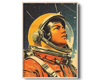 May include: A vintage-style illustration of an astronaut in a yellow helmet and orange spacesuit, looking up at the stars. The background is a dark blue with white stars.