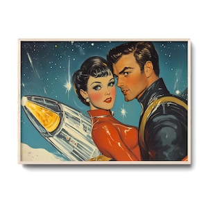 May include: A vintage illustration of a couple in a futuristic setting. The woman is wearing a red jumpsuit and the man is wearing a black jumpsuit. They are standing in front of a rocket ship with a starry background.