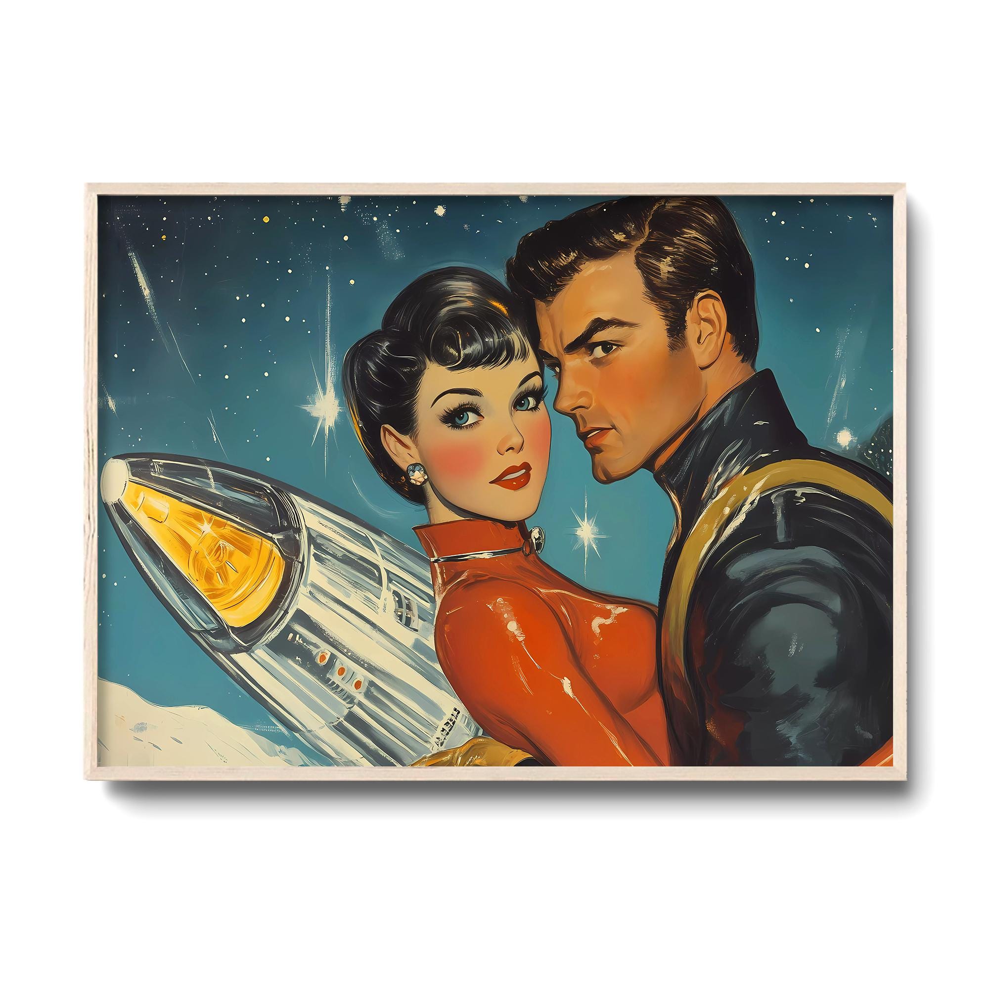 Vintage Sci-fi Art Print - Retro Space Couple & Rocket - Mid