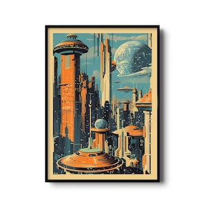 Minimalist Retro Futuristic Sci-Fi Cityscape Print - Mid-Century Modern Space Art - Retro Space Age Poster - Sci-Fi Art Print Wall Decor