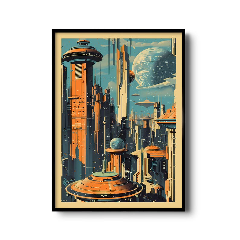K&ouml;nnte beinhalten: Eine Illustration im Retro-Stil einer futuristischen Stadt mit hohen Geb&auml;uden, fliegenden Fahrzeugen und einem gro&szlig;en, blauen Planeten im Hintergrund.