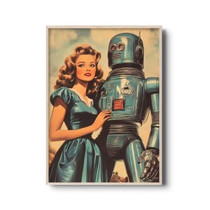 Vintage Sci-Fi Art Print - Retro Robot & Woman in Futuristic Embrace, Mid-Century Pop Culture, 1950s Style Poster, Futurism Wall Art Decor