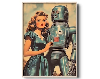 Vintage Sci-fi Art Print Retro Robot Woman in Futuristic