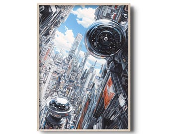 Futuristic Cyberpunk Cityscape Art Print | High-Tech City | Detailed Sci-Fi Urban Skyline Illustration | Epic Skyscrapers | Distopian Future