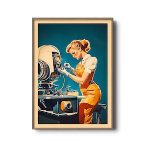 Retro Sci-Fi Woman Engineer Fixing Robot – Vintage Futuristic Tech Art Print, Mid-Century Modern Space Age Wall Decor, Pin-Up Style.