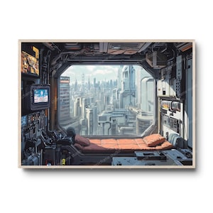 Peut inclure: Impression numérique encadrée d'un intérieur futuriste avec une grande fenêtre donnant sur un paysage urbain. L'intérieur comprend un lit avec des coussins orange, un petit écran et des éléments mécaniques. La ville est remplie de grands bâtiments modernes.