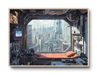 Cyberpunk Apartment Wall Art - Futuristic Cityscape Window View from High-Tech Interior, Dystopian Sci-Fi Decor - Futuristic living space