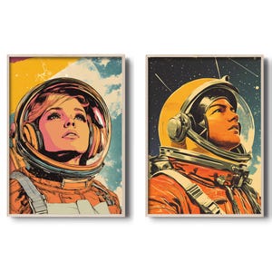 Puede incluir: Dos ilustraciones de estilo retro de astronautas con trajes espaciales. La astronauta de la izquierda es una mujer con un traje espacial amarillo y naranja y un casco azul y blanco. El astronauta de la derecha es un hombre con un traje espacial amarillo y naranja y un casco amarillo. Ambos astronautas miran hacia el cielo.