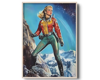 Retro Sci-Fi Art Print: Female Astronaut, Vintage Space Poster (Digital Download)