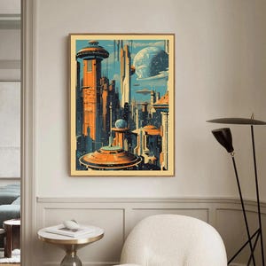K&ouml;nnte beinhalten: Eine Illustration im Retro-Stil einer futuristischen Stadt mit hohen Geb&auml;uden, fliegenden Fahrzeugen und einem gro&szlig;en Planeten im Hintergrund. Die Illustration ist in einer lebendigen Farbpalette aus Orange, Blau und Gelb gehalten.