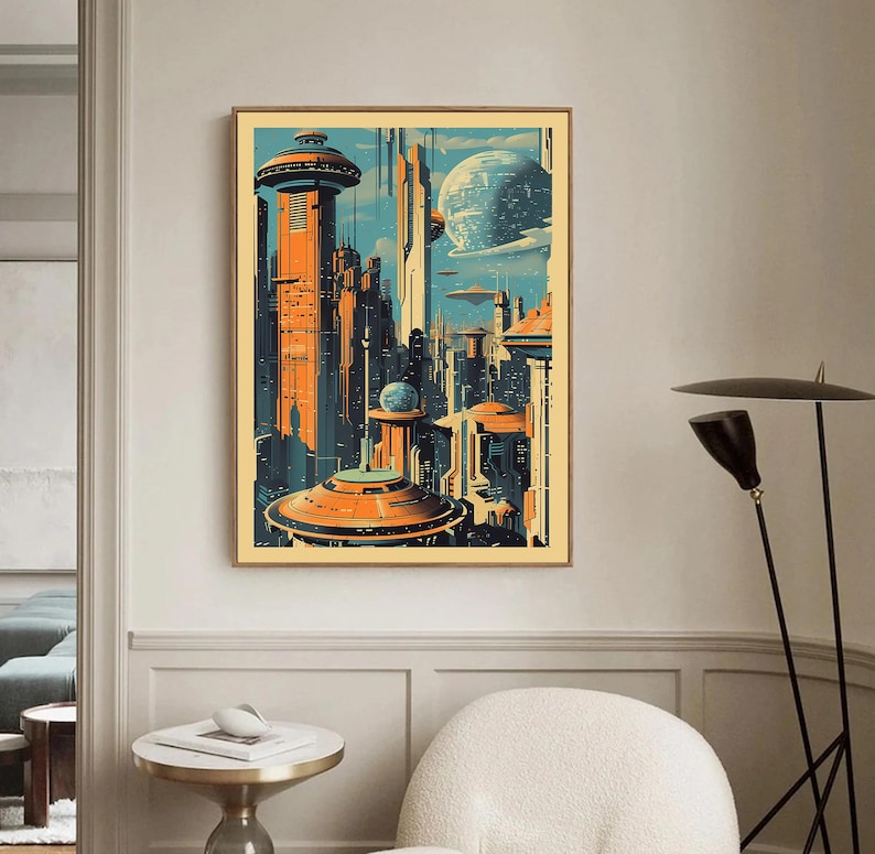K&ouml;nnte beinhalten: Eine Illustration im Retro-Stil einer futuristischen Stadt mit hohen Geb&auml;uden, fliegenden Fahrzeugen und einem gro&szlig;en Planeten im Hintergrund. Die Illustration ist in einer lebendigen Farbpalette aus Orange, Blau und Gelb gehalten.