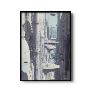 Futuristisk stadsbildsillustration - Tornhöga strukturer och svävande plattformar i en högteknologisk metropol - Sci-Fi-konsttryckdekor | Futurism