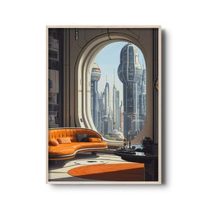 Arte d'interni futuristica retrò di metà secolo - Vista di un paesaggio urbano fantascientifico / Stampa artistica di un appartamento dell'era spaziale con mobili classici d'epoca / Utopia